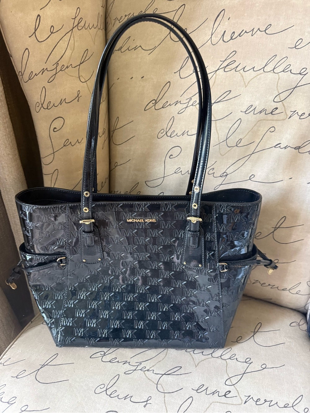 Michael Kors Black Patent MK Logo Tote with Side Pockets